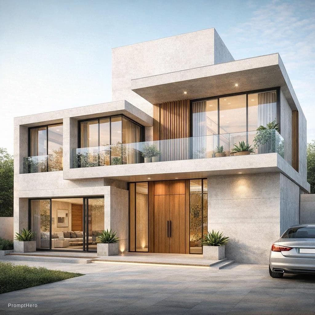 AI generated: luxury villa modern"A modern two-story house with clean geometric lines, expansive glass windows, an...