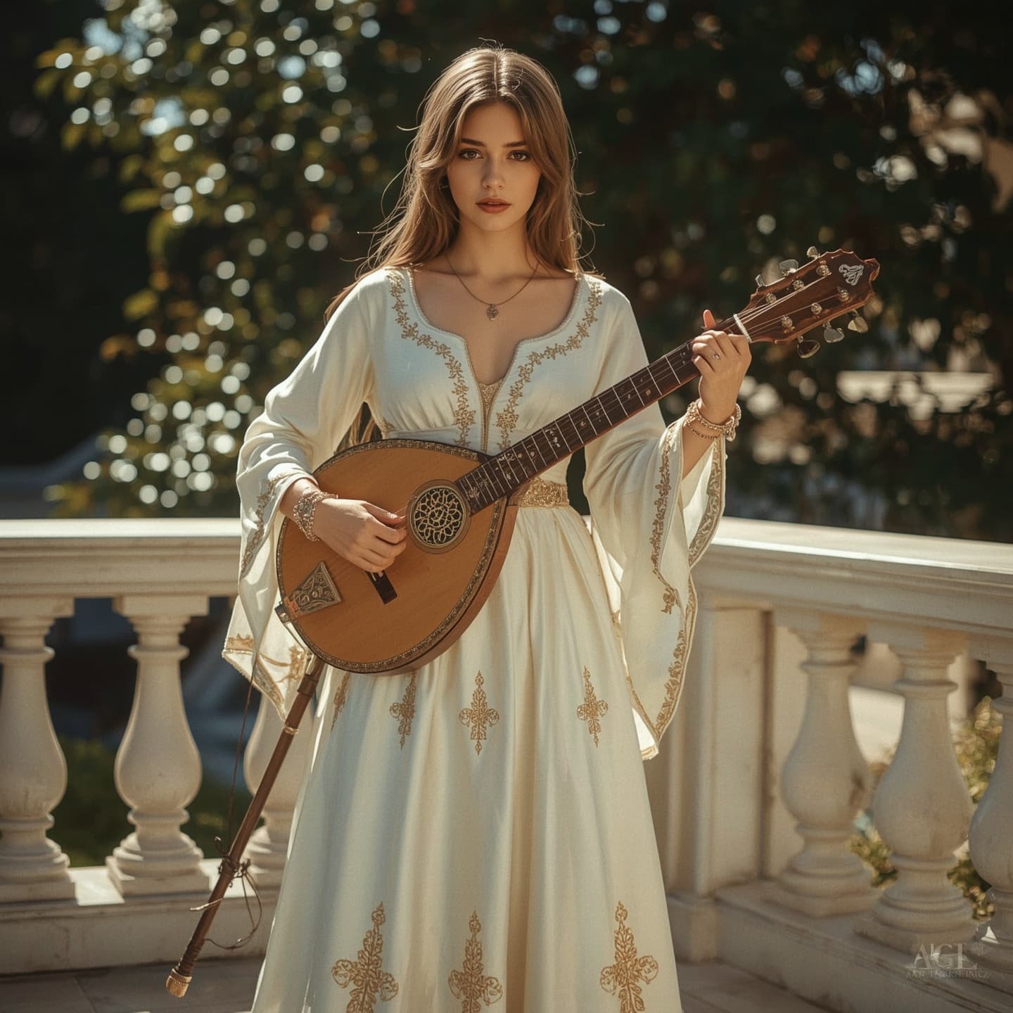 AI generated: beautiful human female bard (Lawful Good), full body, luminous and graceful, ivory-and-gold dress wi...