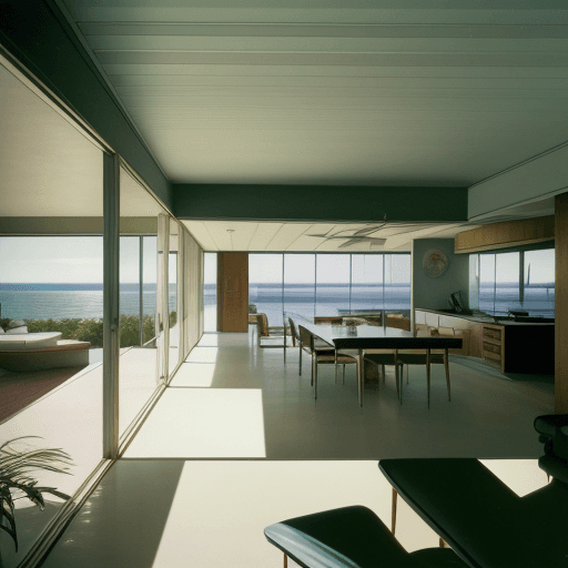 AI generated: Hyper realistic eye level exterior photo of a mid century modern style house overlooking the ocean, ...