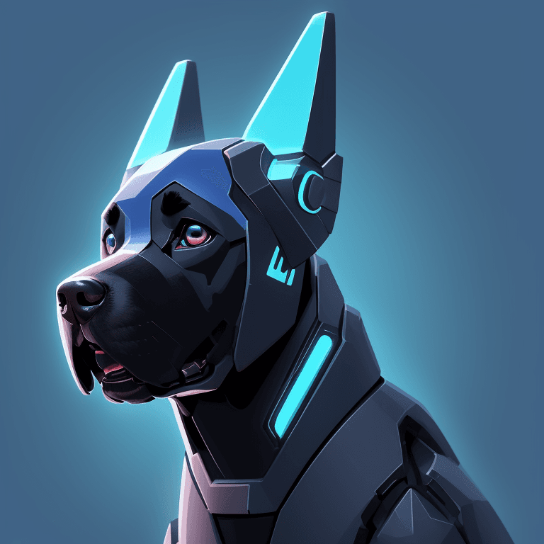 AI generated: A stylized robo-themed illustration of a Labrador dog head, seen directly from the front, in a blue ...