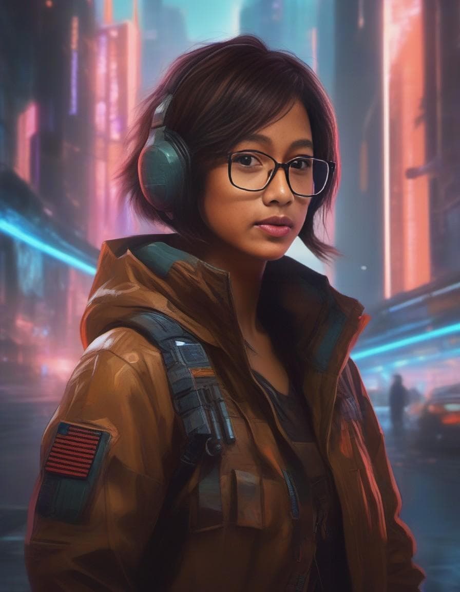 AI generated: a woman with a pair of glasses on her face, cyberpunk art, inspired by Marek Okon, dan mumford. maya...