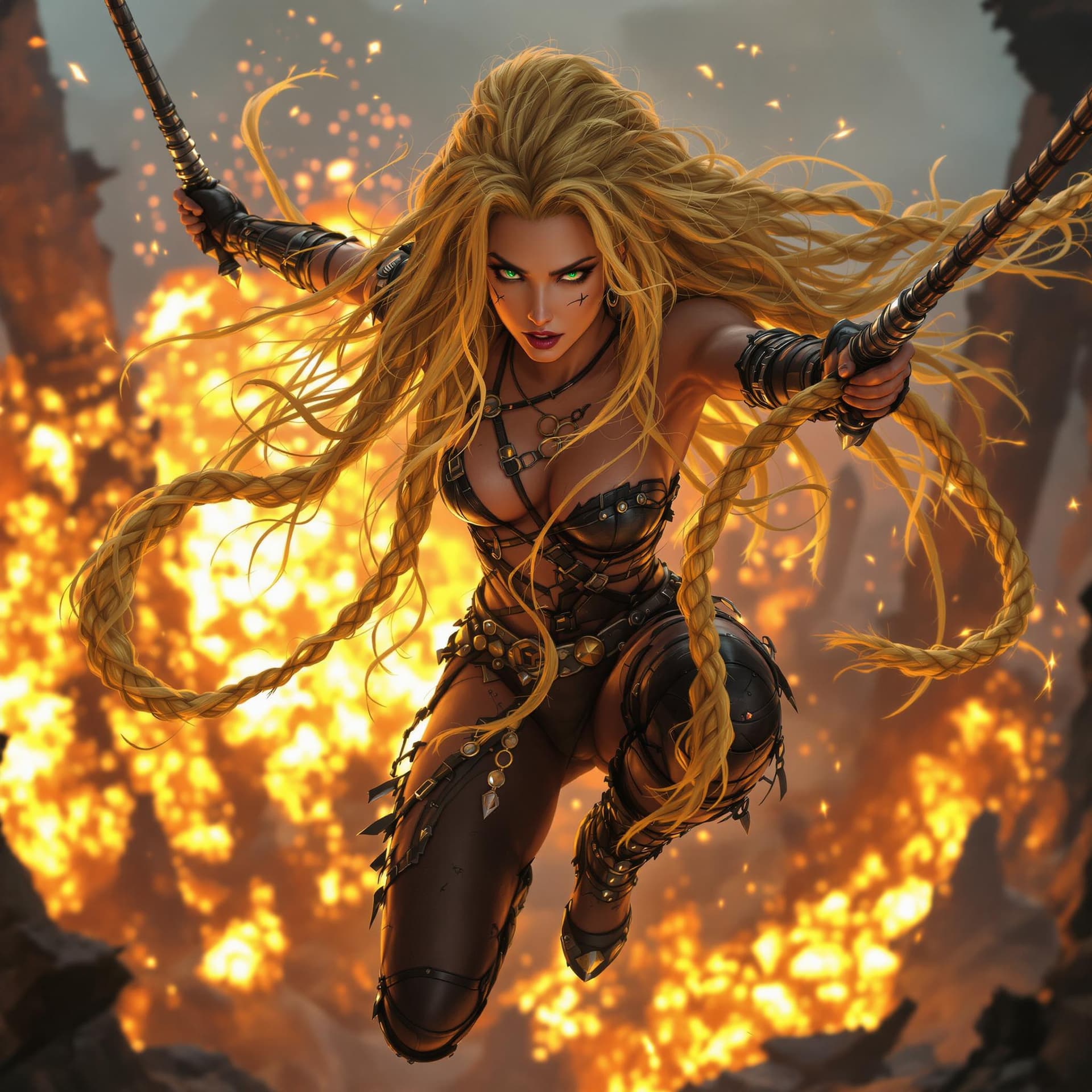 AI generated: apunzel as a wild, battle-scarred warrior queen. Her impossibly long golden hair is braided into thi...