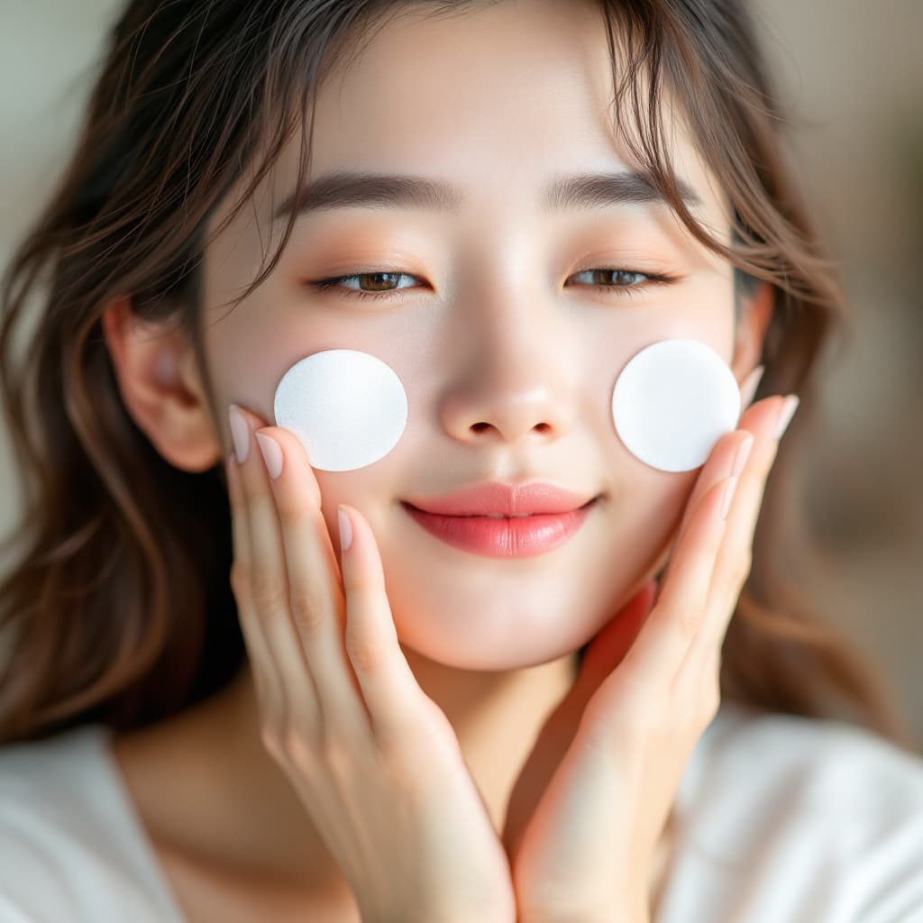 AI generated: korean skincare routine, asian woman is using some cica pads, realistic, bright image