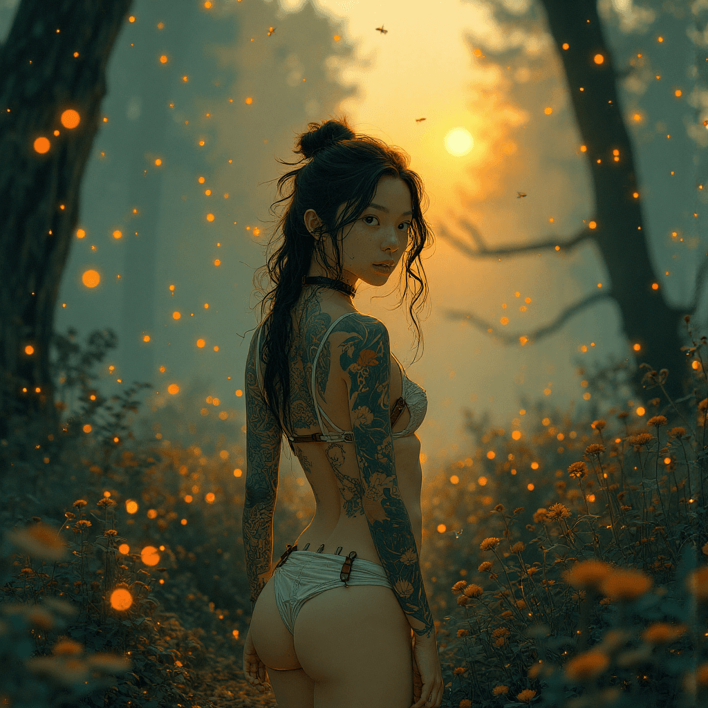 AI generated: thousands of ((fireflies)) fill the air around her, in the foreground and background and cast their ...
