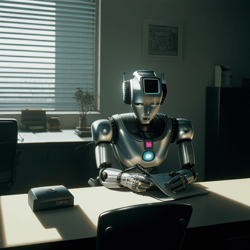 AI generated: A photorealistic image of an 1980s American office scene, featuring a humanoid metal robot styled li...
