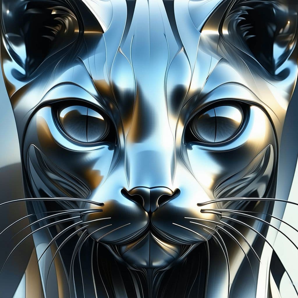 AI generated: highly reflective, polished metal cat face, distorted and twisted into abstract shapes, reflecting a...