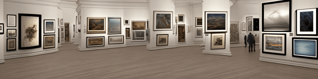 AI generated: hyper realistic photo of the inside of an art gallery with various pictures on the walls