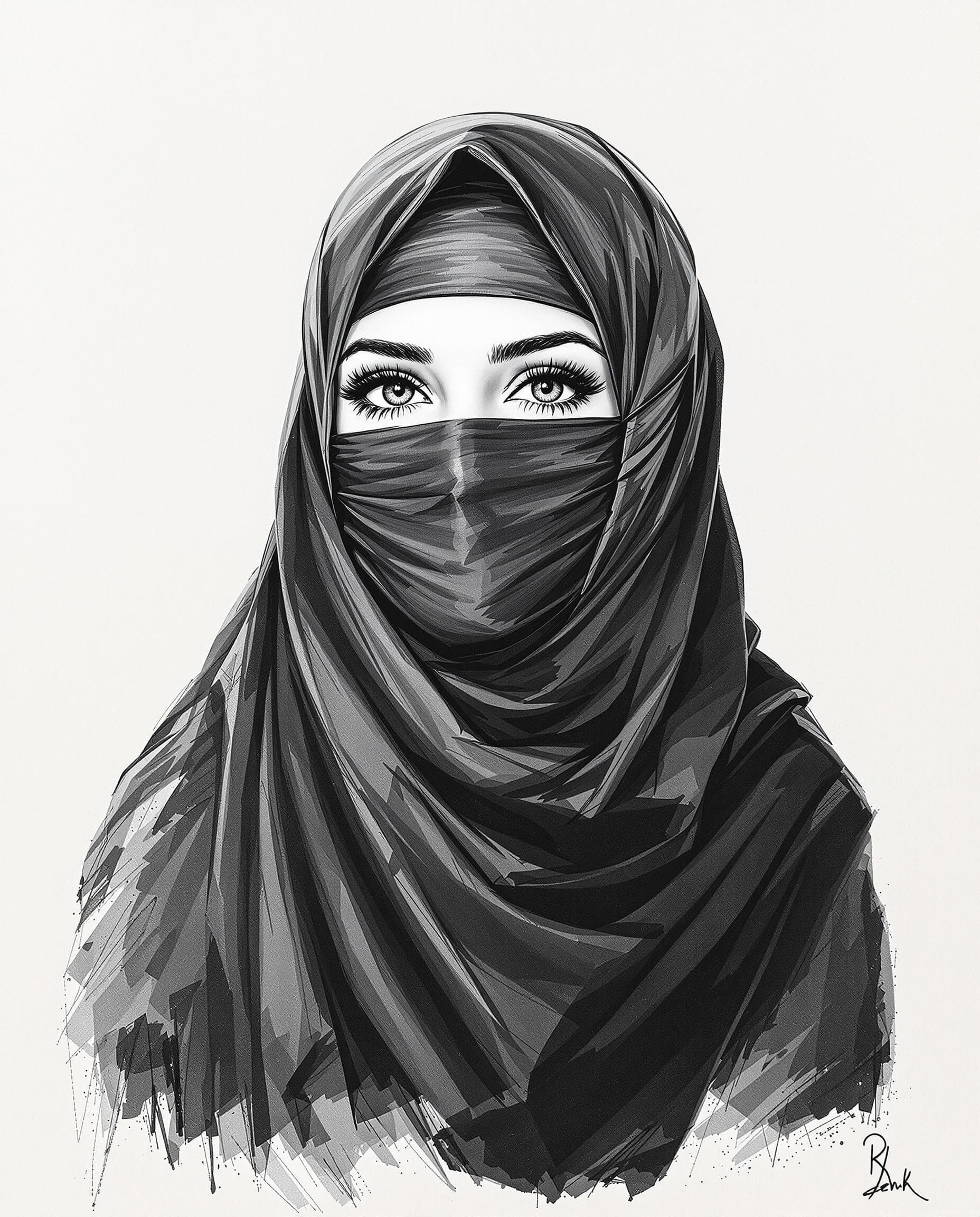 AI generated: drawing art, wearing a black hijab with the covering face like a Arabian woman in black clothes