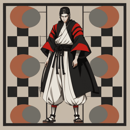AI generated: bauhaus style pattern, big clothes, cool anime style, character, village center, medieval, ninja mag...