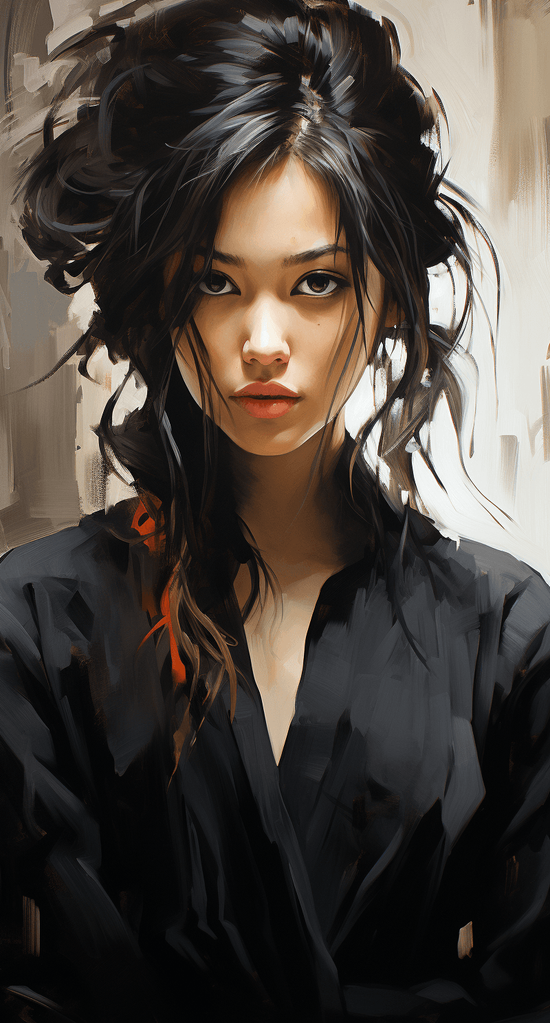 AI generated: a black and white painting of an asian girl with her hair up, in the style of soft brushstroke reali...