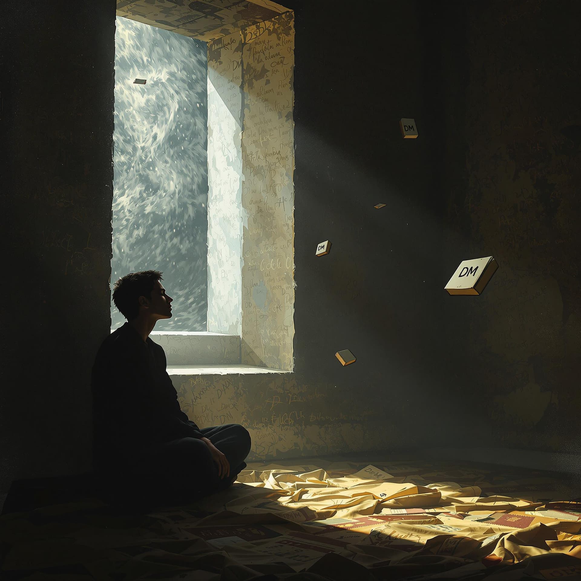 AI generated: A digital painting of a solitary figure in a twilight room, shadows dancing across ancient walls cov...