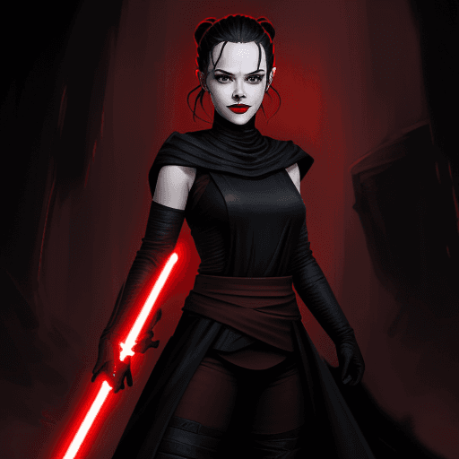 AI generated: rey skywalker as sith lady in black sith uniform, dark red lips, yellow eyes, evil smile