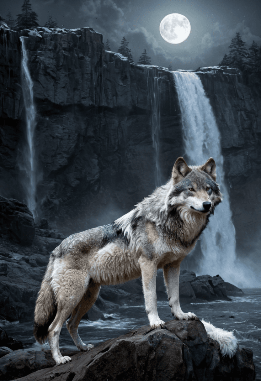 AI generated: realistic,highres,a massive wolf standing on a cliffside, the moonlight accentuating the wolves fur,...