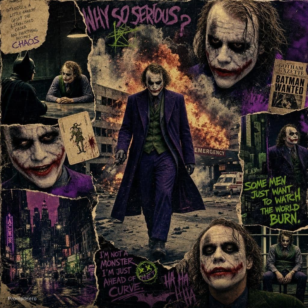 AI generated: A retro vintage collage design of Heath Ledger as the Joker. The central image shows him walking in ...