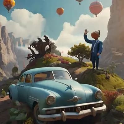 AI generated video: los globos suben y la nave va hacia arriba, el coche corre hacia adelante , el hombre saluda 