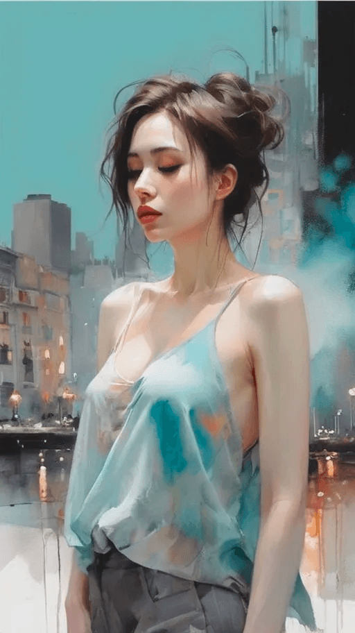 AI generated: a painting by mse a woman by agnes cecile, collarbone, cleavage, neat figure, [Proud:0.4], [Aqua the...