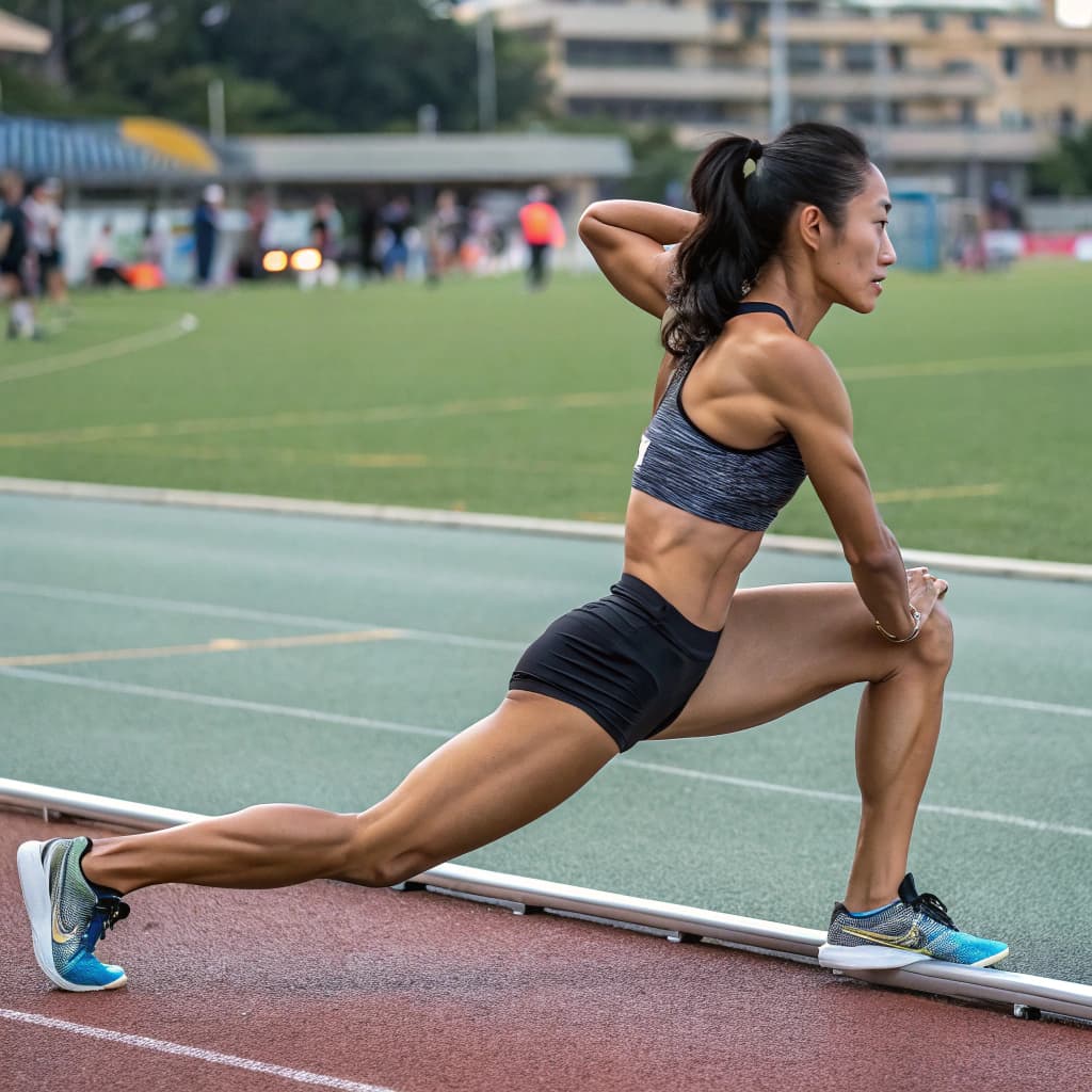 AI generated: super fit elite female asian athelete with abs toned legs strething before her long jump attempt