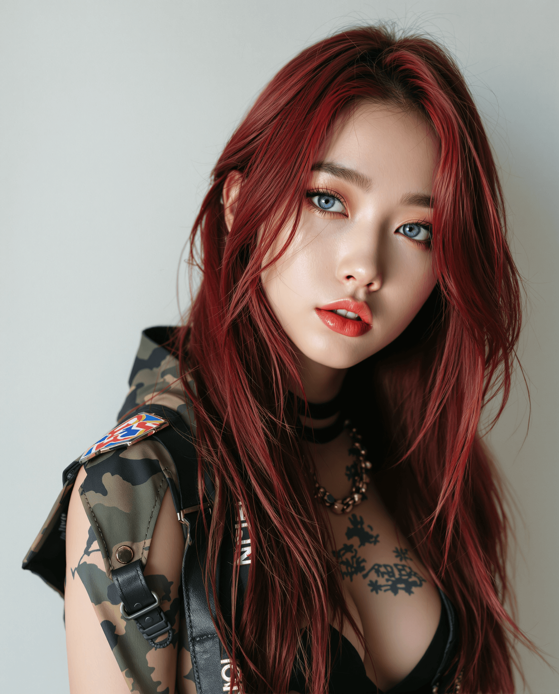 AI generated: A photorealistic portrait of an 18-year-old mixed-blood Indonesian-Korean girl gazing confidently at...