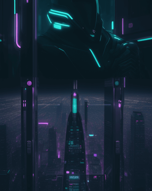 AI generated: A futuristic smartphone silhouette against a cityscape bathed in the glow of neon, its camera lens t...