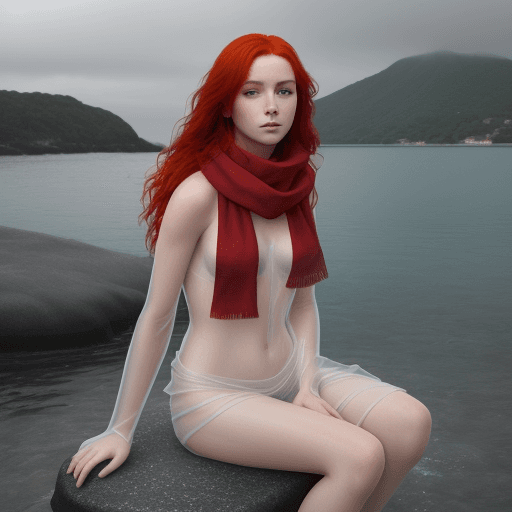 AI generated: a beautiful red-haired girl sits on a stone, instead of clothes there is a transparent scarf, in the...