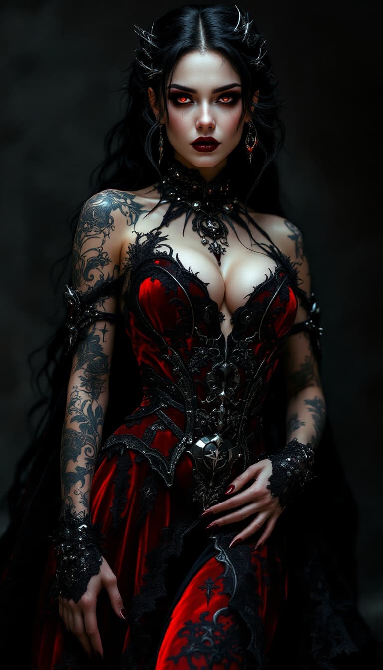 AI generated: An ultra-realistic, full-body portrait of a captivating gothic vampire woman, radiating seductive po...