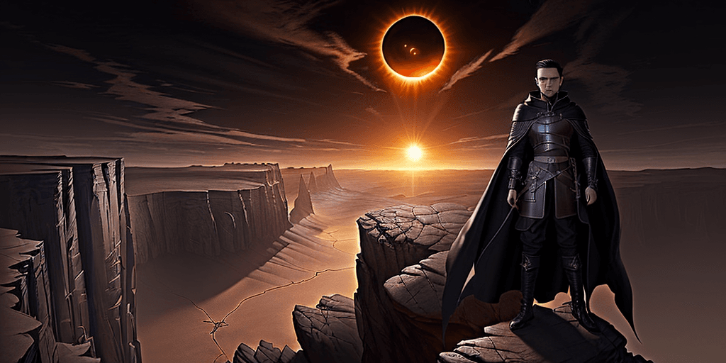 AI generated: A man in a dark cloak stands on the edge of a cliff. He is looking at a vast desert landscape with t...