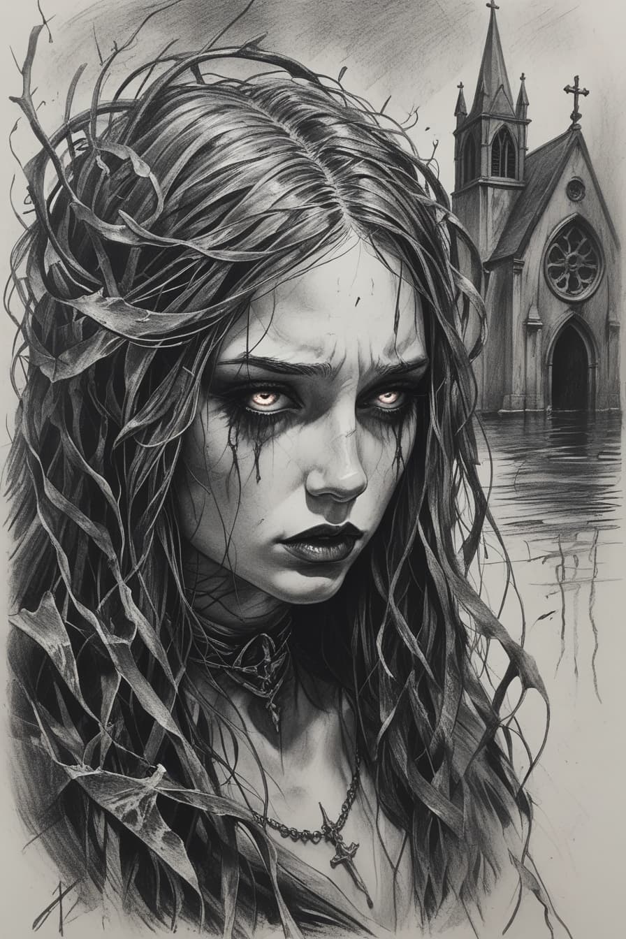 AI generated: Sketch tattoo of a somber-faced gothic woman, her eyes filled with moonlit grief.