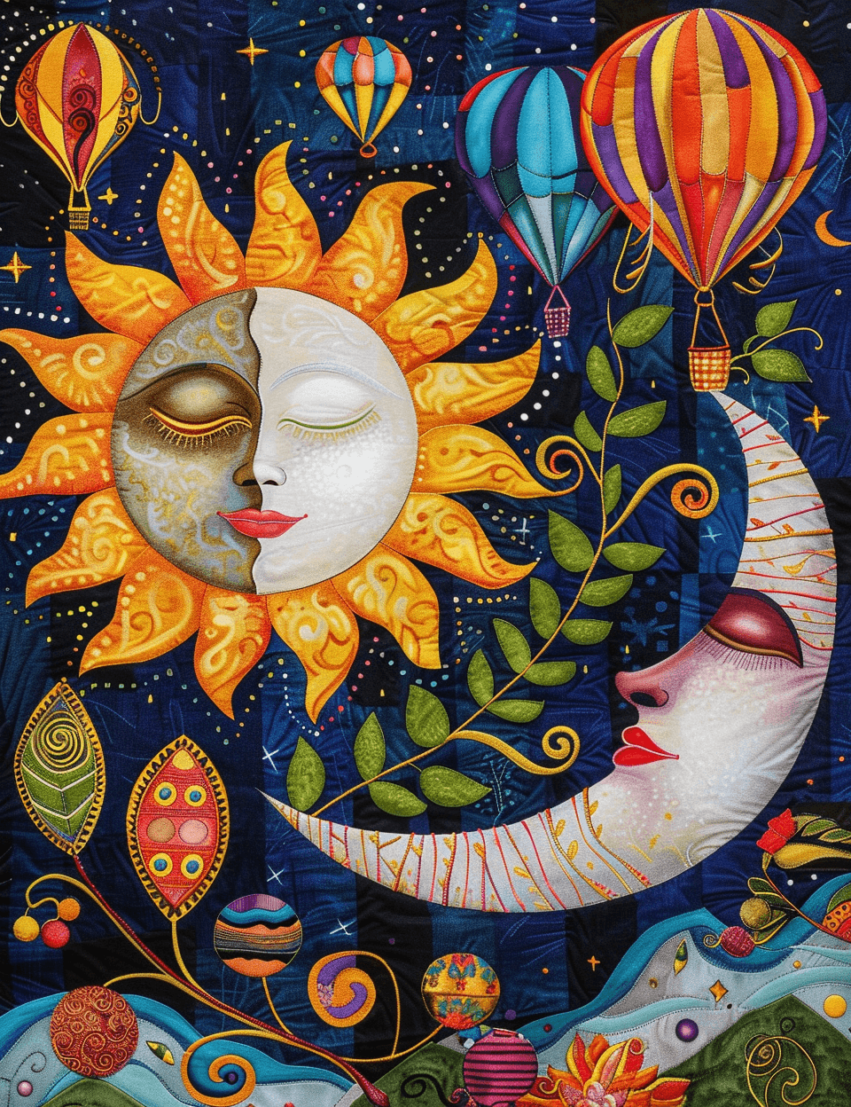AI generated: Sun and moon with face, surrounded in the style of hot air balloons in the sky, painted in bright co...