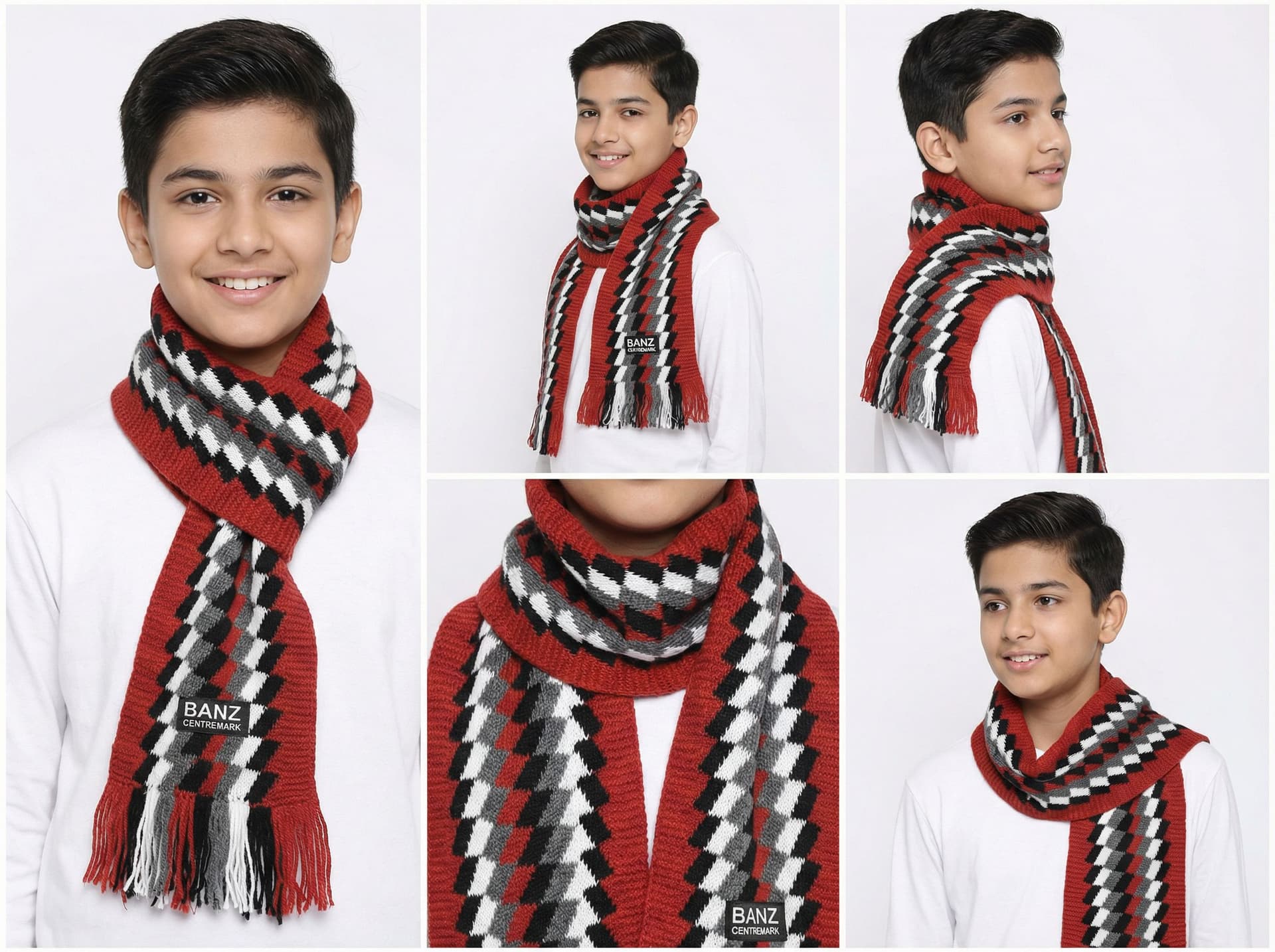 AI generated: is muffler ko ek 15 saal ke bachche ko pahna kar ek image banaye, bachcha indian ho, gora ho aur sun...