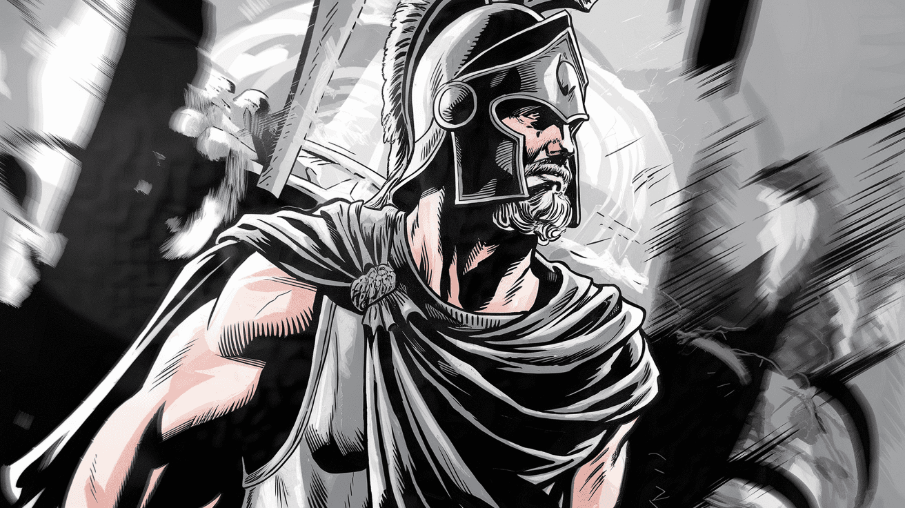 AI generated: Ink painting of an ancient Greek soldier in black and white, wearing a helmet with a plume on his he...
