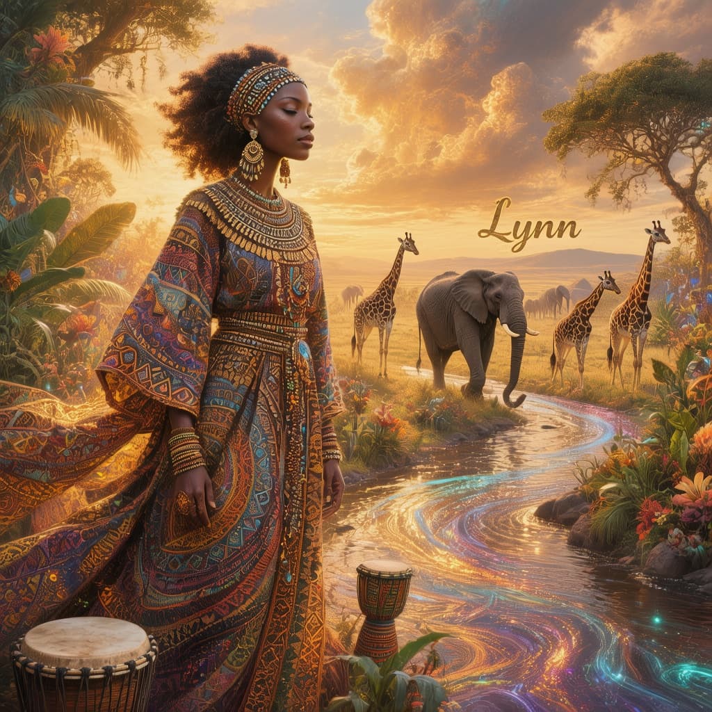 AI generated: Fantasy illustration inspired by “Africa”, majestic African savanna at golden sunset, mystical triba...