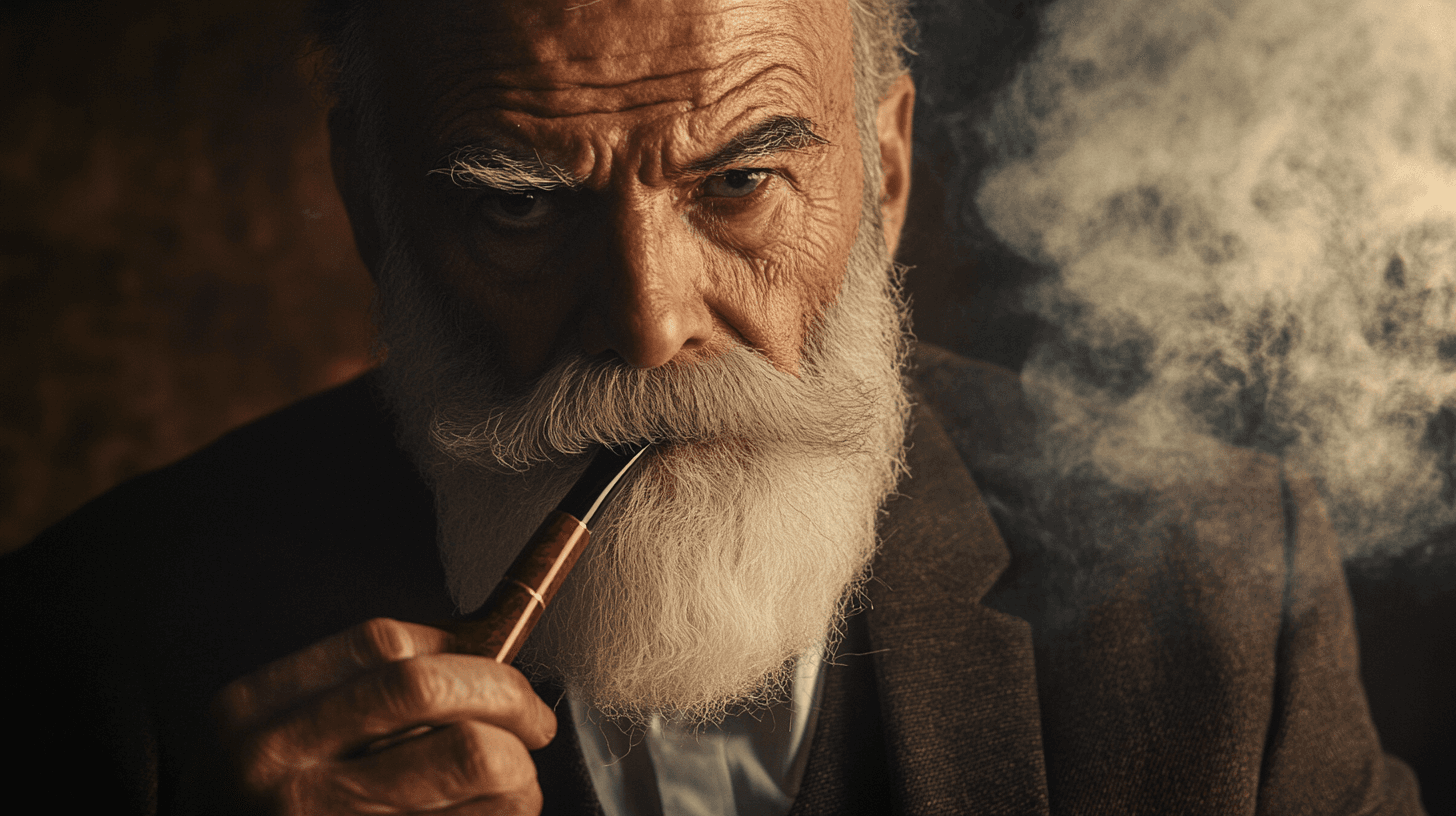 AI generated: 920s Portrait of an old man in a full suit white beard smoking wooden pipe un happy features cinemat...