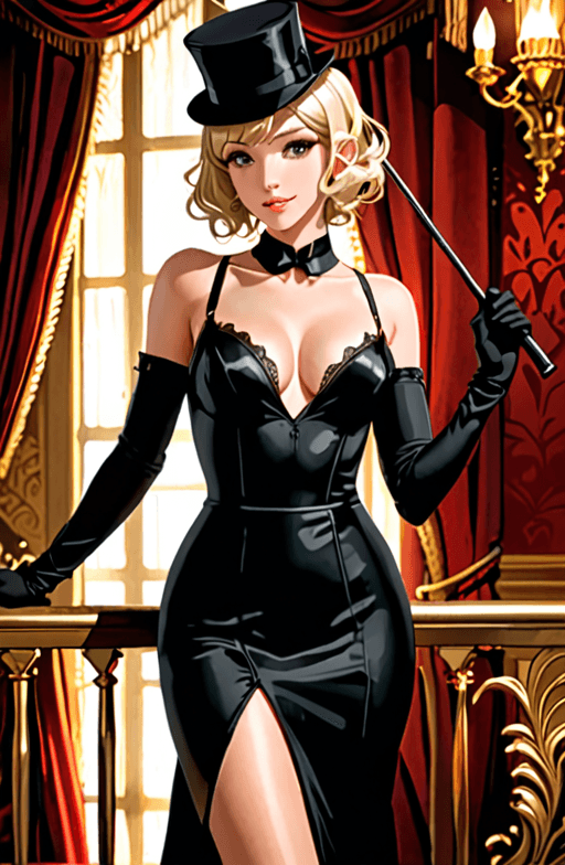 AI generated: A blonde woman, in a tuxedo-style bodysuit, top hat, and black stockings, confidently holds a cane. ...