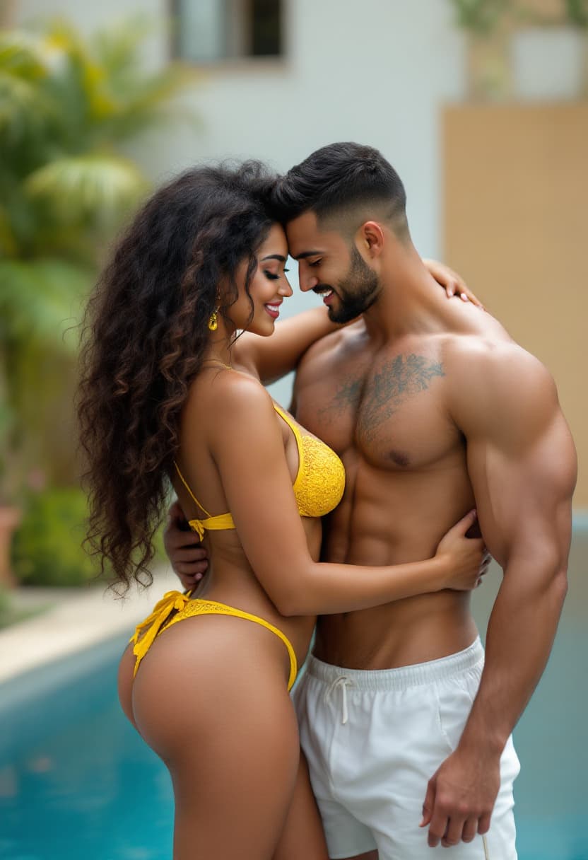 AI generated: Beautiful athletic Muscular couple hugging each other outside the pool, Indian curvy plus size woman...