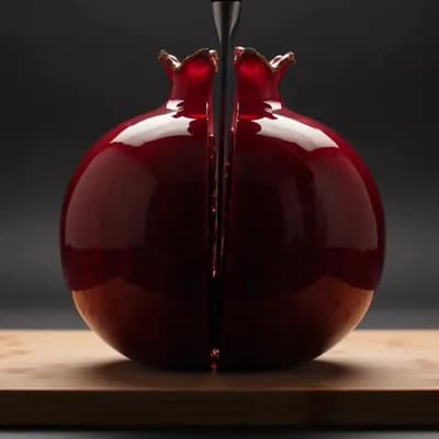 AI generated video: 9:16 vertical, 8 seconds. Scene 1 (1s): Large pomegranate, deep red glass exterior with crown at top...