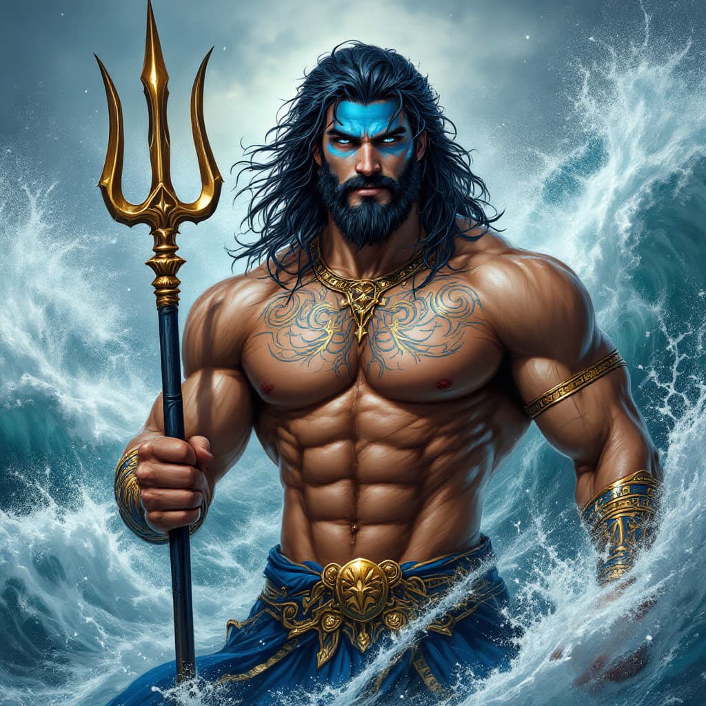 AI generated: "A powerful and handsome depiction of Poseidon, the Greek god of the sea. His upper body is muscular...