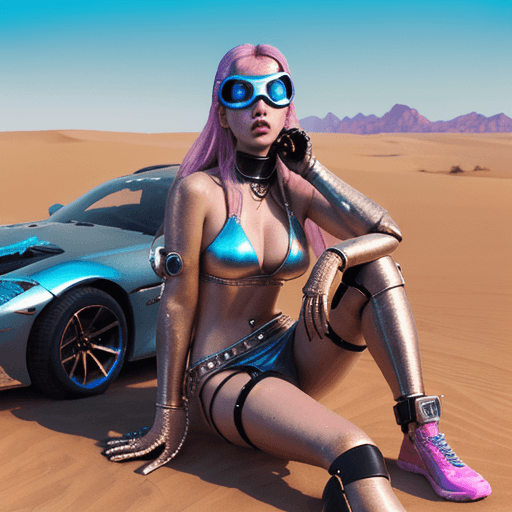 AI generated: female character wearing goggles while sitting in the desert, in the style of cyberpunk imagery, rea...