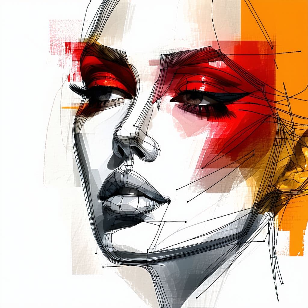 AI generated: a drawing of a woman's face with a red eyeshadow, in the style of bold colorful lines, dark beige an...