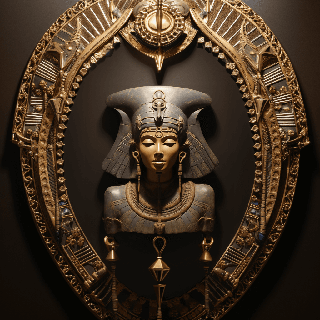 AI generated: The Egyptian goddess Hathor, woman wearing a head dress of cow horns and a sun disk