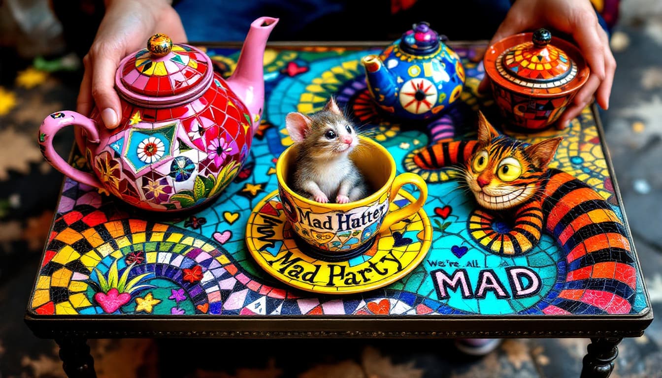 AI generated: 3D HDR Trippy Hippie Soho Boho influenced  coffee table mosaic featuring intricately detailed psyche...