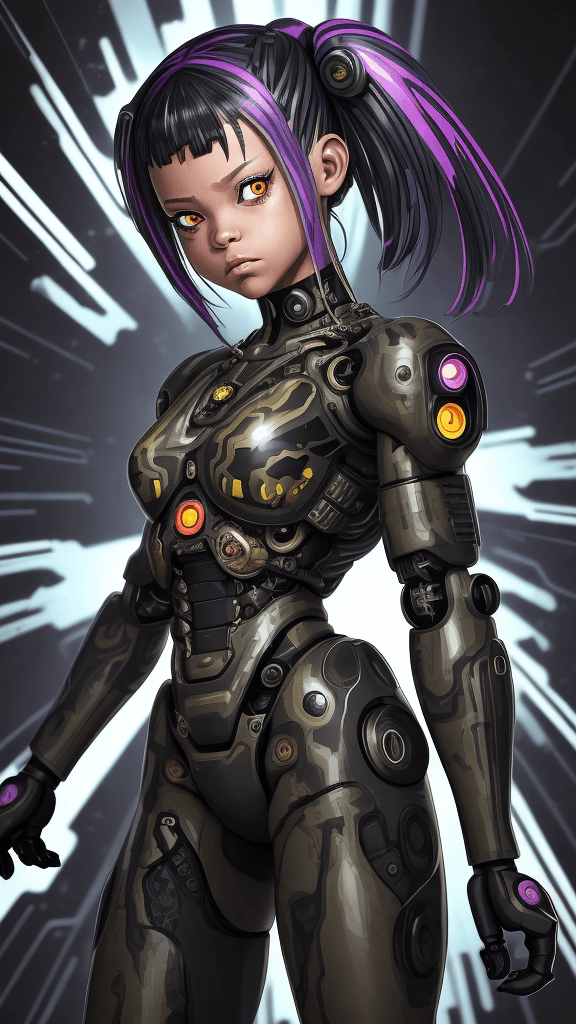 AI generated: in a funky background portrait of little (((((Cyborg female))))):5.5,wearing ((army attire)):2.2 and...