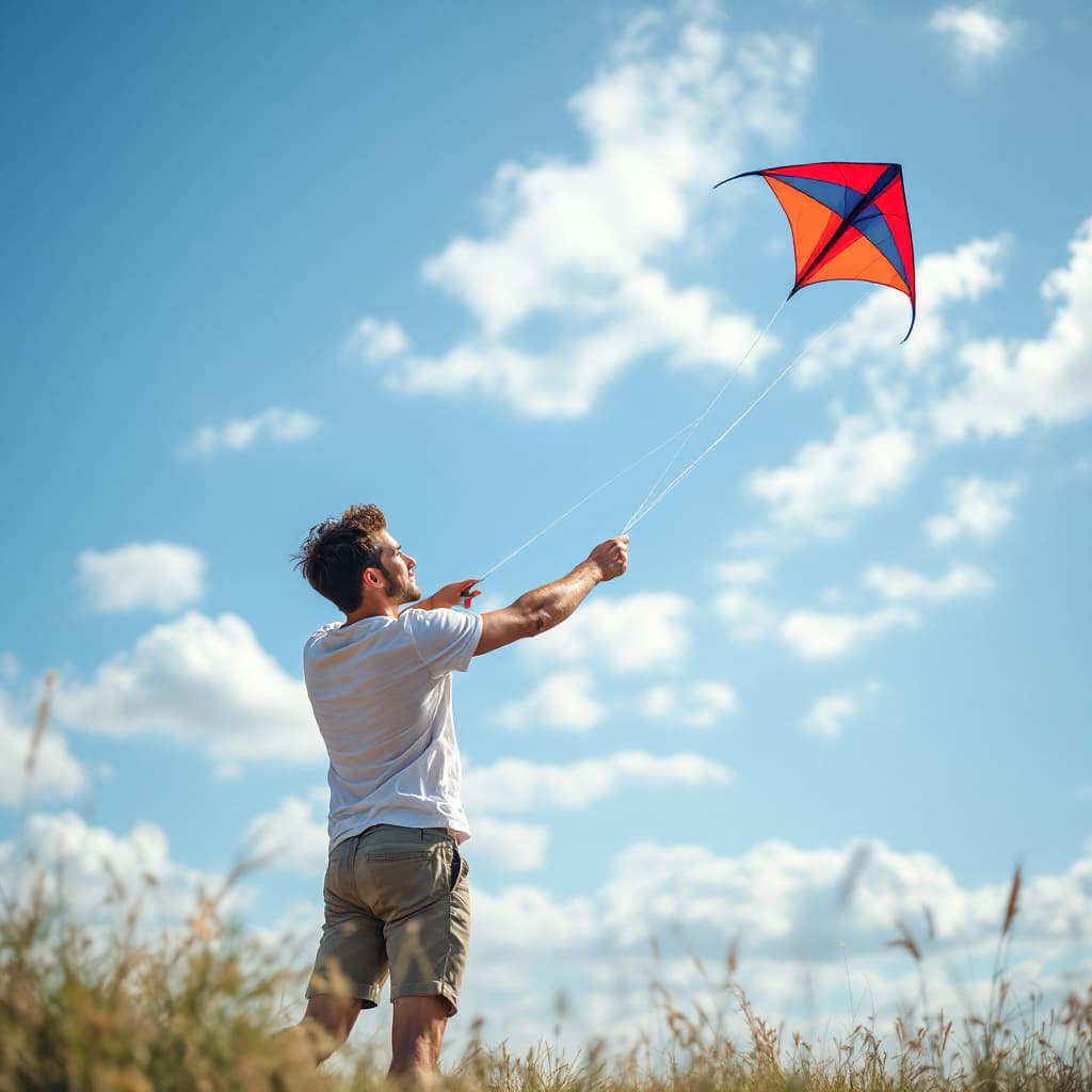 AI generated: A good looking male eighteen wear cute shorts and a t shirt, is flying a kite outside
