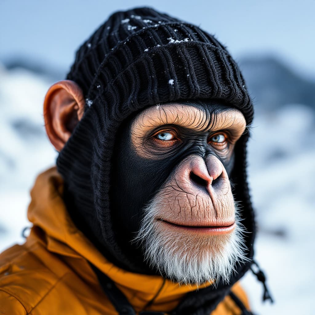 AI generated: a black ribbed knit baklava skimask with a white paint chimpanzee face painted on it. 
canon 50mm 1....