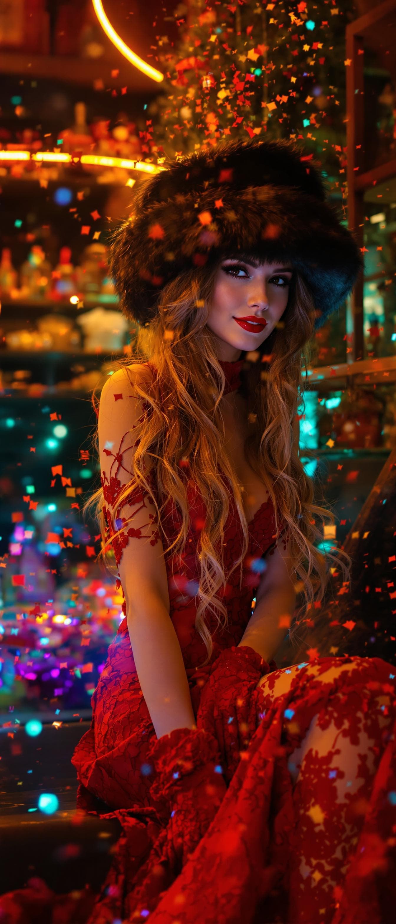 AI generated: "A high fashion photograph of a woman with long, flowing hair, dressed in a red lace dress and a bla...