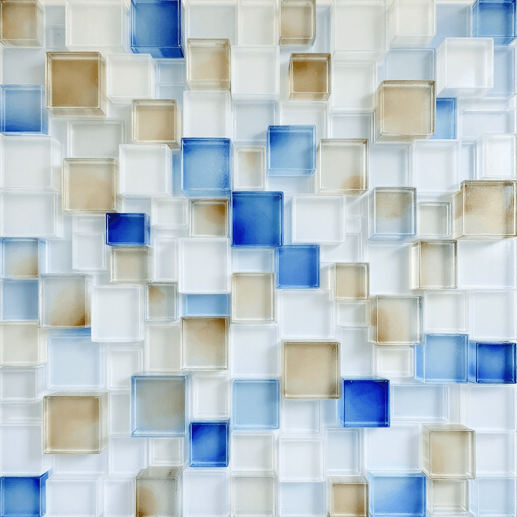 AI generated: A white and blue abstract wall sculpture made of glass cubes, each cube is of different sizes and sh...