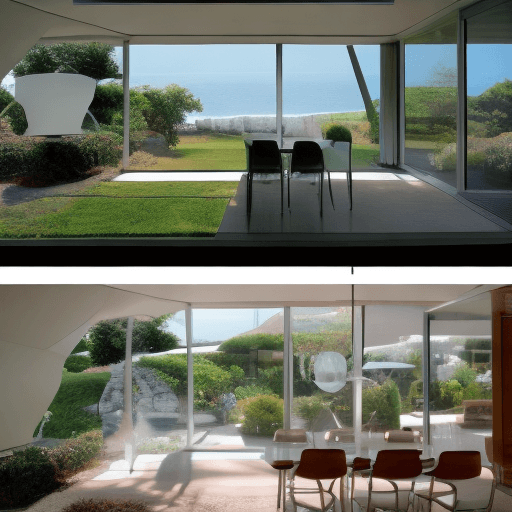 AI generated: Hyper realistic eye level exterior photo of a mid century modern style house overlooking the ocean, ...