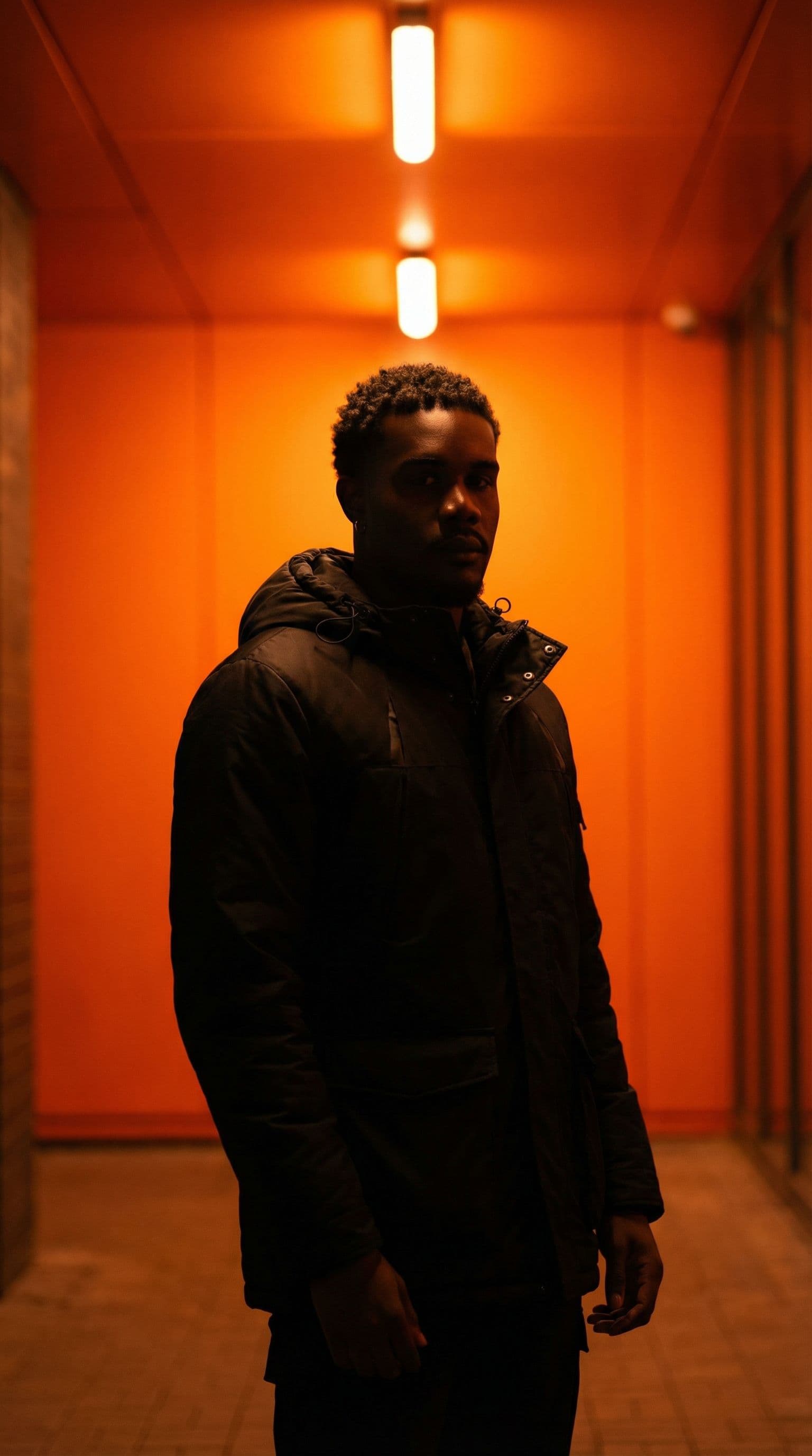 AI generated: editorial photography, male model, 50mm f/1.2 RF lens, f/2.8 set, 1/160s, iso 100, gradient neon ora...