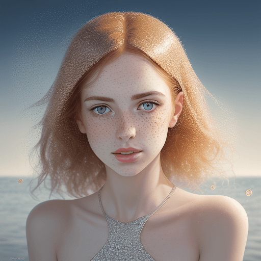 AI generated: a woman with freckled skin is photographing her face, in the style of dmitry kustanovich, delicate m...