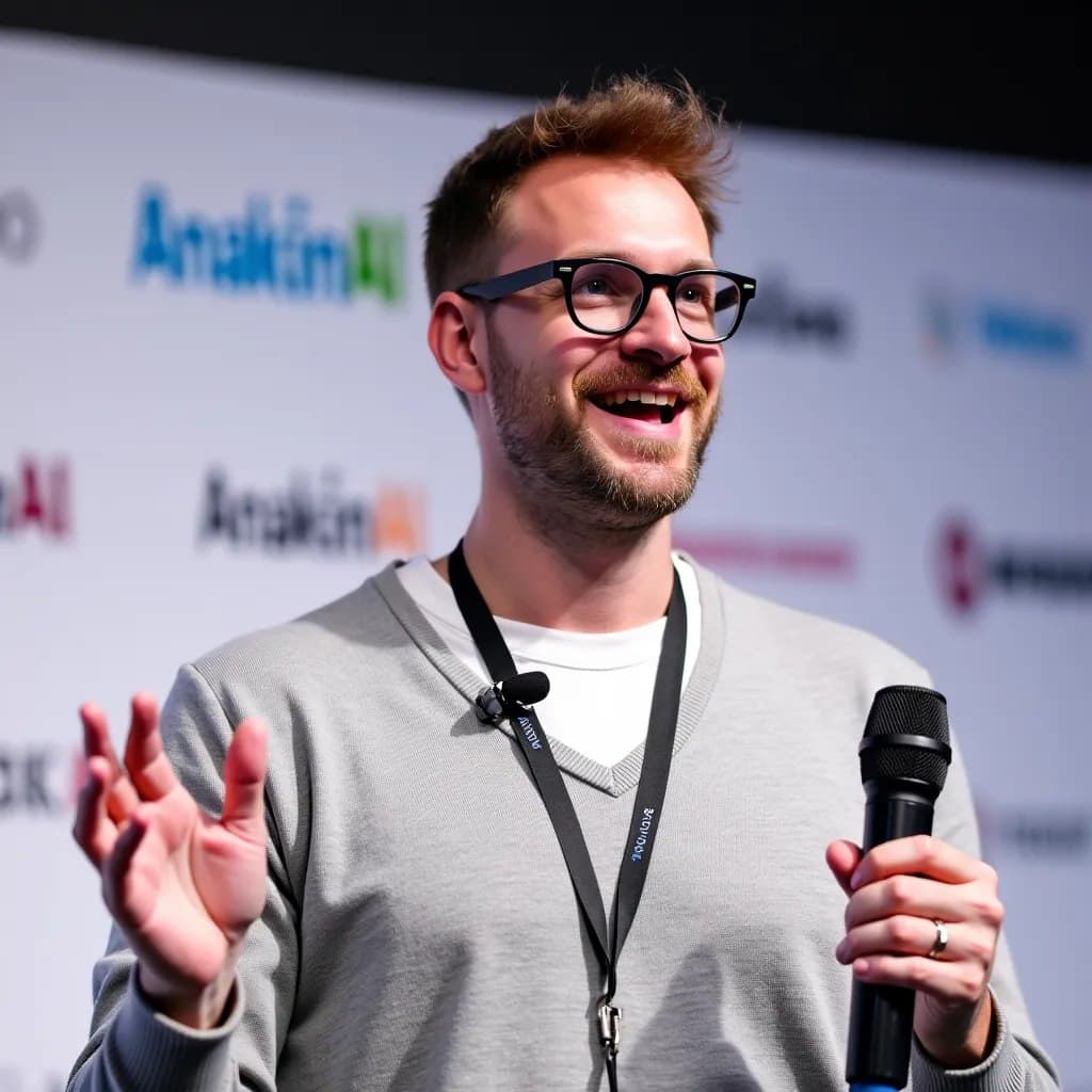 AI generated: A charismatic speaker is captured mid-speech. He has short, tousled brown hair that's slightly messy...