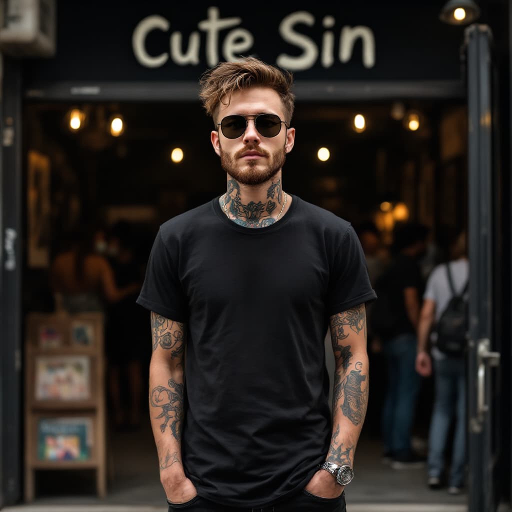 AI generated: A young Caucasian man with short brown hair, beard, wearing sunglasses and a black t-shirt, some tat...